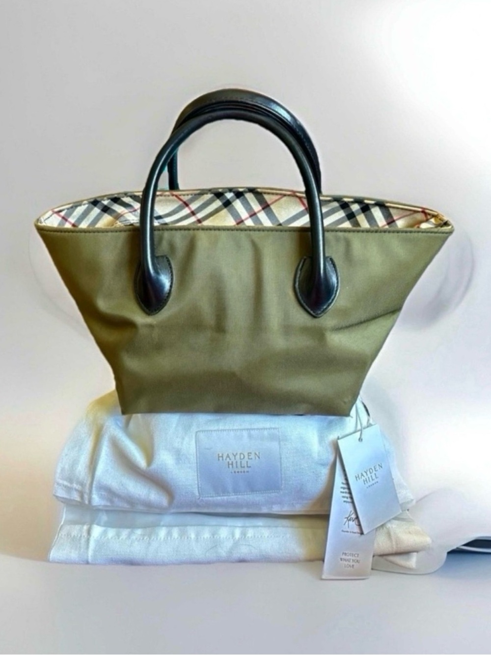 Burberry Blue Label Olive Green Nylon Mini Tote Bag with Nova Check & Dust Bag